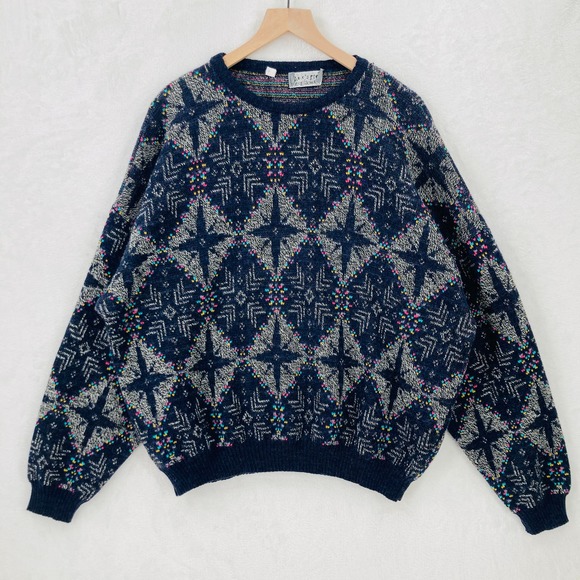Vintage Progetto Sweater Adult XL Blue Geometric Retro Wool Blend Made in Italy - Picture 1 of 13